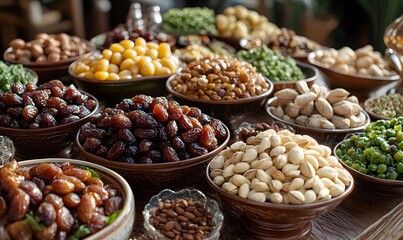 A Delicious Variety of Dried Fruits and Nuts Displayed in Rustic Bowls