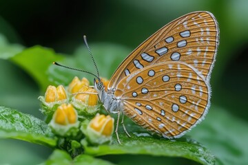 Orange Butterfly with White Spots on Green Leaf
