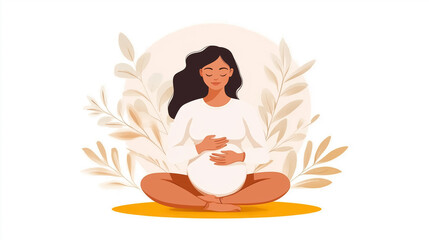 A pregnant woman is engaged in gentle yoga poses on a supportive mat, focusing on her well-being. Surrounded by calming natural elements, she embodies strength and peace
