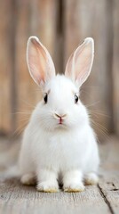 Obraz premium Easter Holiday, Easter Concept, Adorable White Baby Bunny Rabbit Sitting on Rustic Wooden Floor