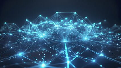 Digital neural web with glowing blue fibers forming complex AI-inspired technological structure
