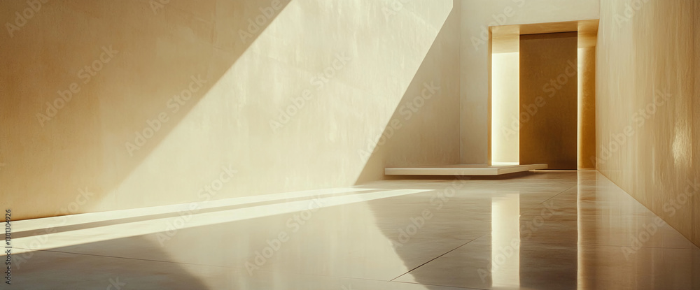 Poster empty minimalist room with soft beige walls and geometric angles, illuminated by natural light creat