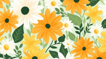 Enchanting seamless floral pattern with vibrant yellow, orange and white blossoms