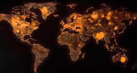 Spot particles or circles orange color, World map in dark background texture pieces or splashes of abstraction, imitation grunge textures for design on dark backdrop