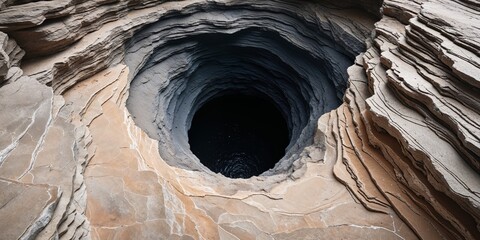 A dramatic textured hole descends into darkness with layered rock.