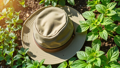 Olive green gardening hat surrounded by vibrant herbs, urban gardening