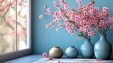 Clean and simple spring background with small vases and delicate cherry blossom tree branches isolated on a blue wall.