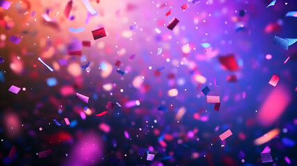 Colorful neon confetti dances through the air, set against a rich tapestry of purple, red, and blue.