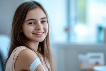 Young girl with a bandage on her arm, possibly after an injury or medical treatment