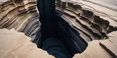 A dramatic textured hole descends into darkness with layered rock