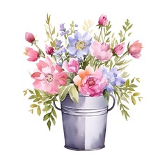 Fototapeta premium Bouquet of watercolor flowers in the vase. A colorful fresh flowers in a vase on a white background of watercolor. 