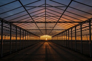 A high-contrast image of an empty greenhouse at dusk, with beams of warm sunset light highlighting the metal frame.