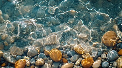 Clear calm water surface with pebbles, waves, optical distortion, trendy abstract nature background.