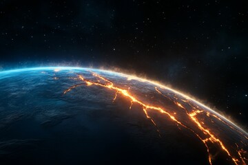 Obraz premium A mystical version of Earth with fiery cracks forming across its surface, symbolizing extreme climate change