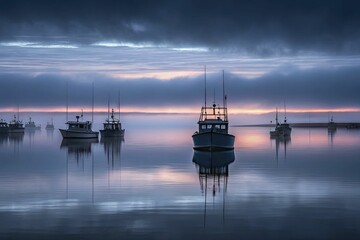 A moody photograph of a misty harbor at dawn, with fishing boats casting faint reflections on the still water.