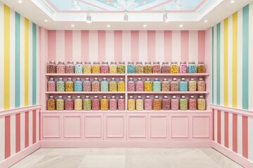 A pastel candy store interior with neatly organized jars and candy stripes on the walls, exuding sweetness.