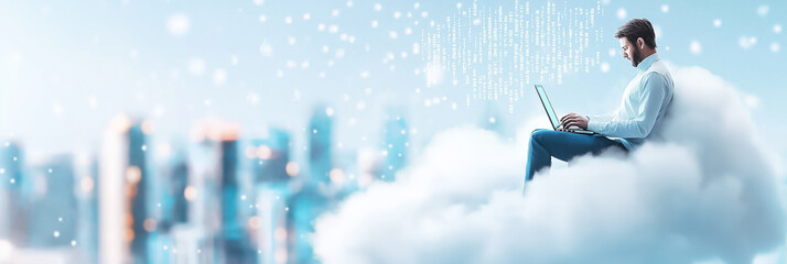 In a peaceful moment, a software developer sits comfortably on a white fluffy cloud, typing on a laptop, while a stunning futuristic city rises below, surrounded by falling computer code