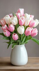 Obraz premium Easter Holiday, Easter Concept, Elegant Bouquet of Pink and White Tulips in a White Vase on Wooden Table