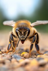 Close-Up of Honey Bee on Natural Surface Collecting Pollen with Detailed Features Highlighted in Soft Focus Background