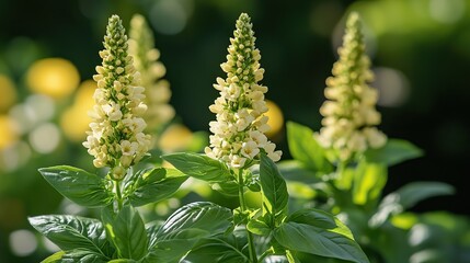 Obraz premium Close up of sweet basil plants with flowers, fragrant herbs used for food and aromatherapy.