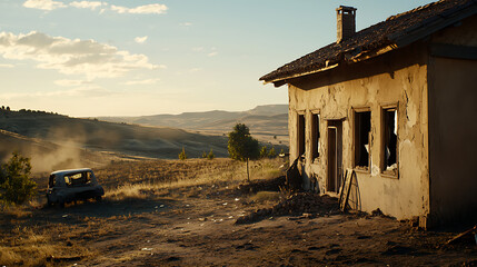 Fototapeta premium A car is parked in front of a house that is in ruins. generated using AI
