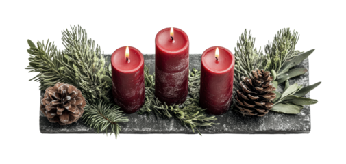 Holiday candle arrangement featuring three red candles with pine greenery and pinecones for seasonal decoration, cut out