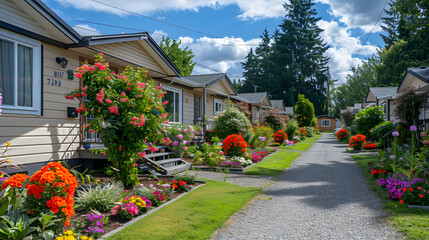 Compact manufactured home with light-colored exteriors, a flower garden in the front yard, and a peaceful neighborhood setting