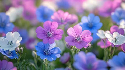 Closeup of a beautiful wild meadow with small, bright purple and white flowers. Natural countryside landscape, spring blossom, summer color, sunny day, vintage, outdoors nature.