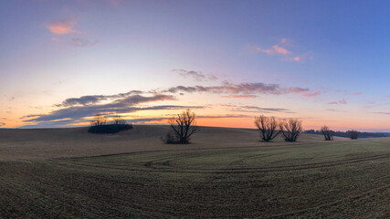 Scenic Sunrise Over Frosty Farmland with Tree Silhouettes