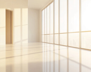 Empty modern office with large glass windows offering a panoramic city view, sunlight illuminating the polished floor, symbolizing openness, tranquility, and contemporary design.