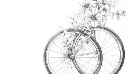 Obraz premium Elegant Bicycle Wheels Adorned with Blooming Floral Accents in Pencil Sketch