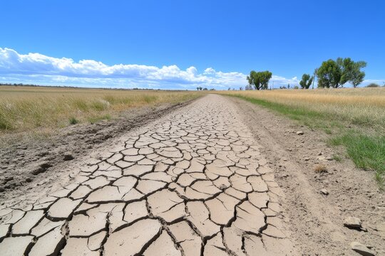 A parched riverbed with cracked mud, once a thriving source of water, now dried up
