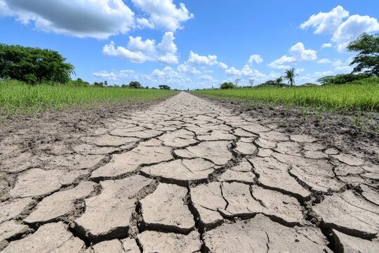 A parched riverbed with cracked mud, once a thriving source of water, now dried up