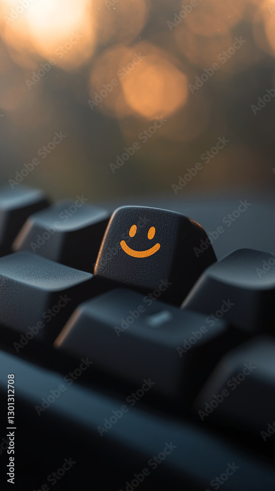 Aufkleber Close-up of a keyboard key with a smiling face symbol, representing positivity, digital communication, and the modern tech world, with bokeh lighting in the background.