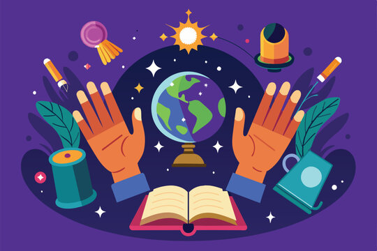 A vibrant palm reading setup with hands, a globe, and magical objects surrounded by colorful elements, Palm reading Customizable Flat Illustration