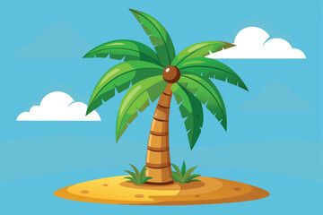A vibrant cartoon palm tree stands tall on an isolated sandy beach under the blue sky, Palm tree Customizable Cartoon Illustration