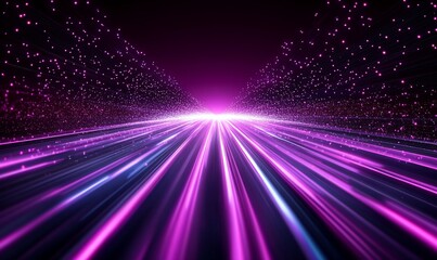 Fototapeta premium Purple light streaks on dark road, particle background, futuristic travel