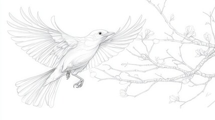 Elegant line art depiction of a bird taking flight near blooming branches