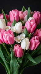 Fototapeta premium Easter Holiday, Easter Concept, Vibrant Bouquet of Pink and White Tulips with Delicate White Flowers