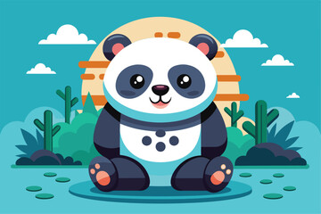A cheerful panda character sits peacefully outdoors with a colorful background and plants around, Pandas Customizable Flat Illustration