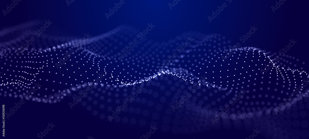 Poster Futuristic wave of dots with moving particles. Abstract technology background. 3D visualization of big data. 3D rendering.