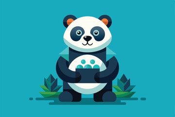 A cute panda holds a cluster of colorful treats surrounded by greenery, showcasing a playful moment, Pandas Customizable Semi Flat Illustration