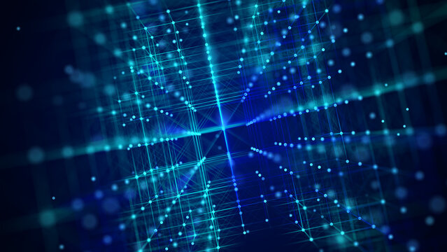 Information storage cells. Abstract background with dots and lines. Network connection structure. Big data digital background. 3D rendering.