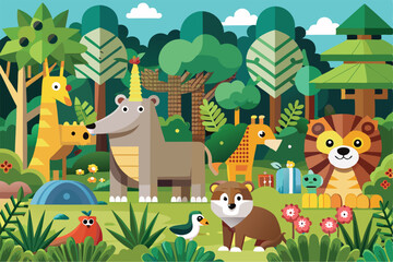 Exploring a playful arrangement of crafted zoo animals surrounded by lush greenery and trees, Paper craft of zoo animals and forest
