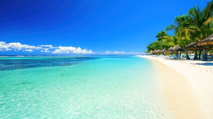 Fototapeta premium Tropical Beach Paradise: Azure Waters, White Sands, and Palm Trees