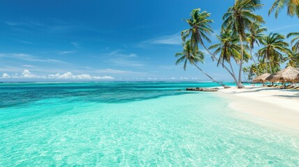 Fototapeta premium Tropical Paradise: Idyllic Beach Scene with Crystal Clear Waters and Lush Palm Trees