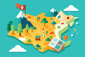 Fototapeta premium A colorful map features mountains, forests, and paths, inviting adventurous exploration of the landscape, Paper map Customizable Disproportionate Illustration