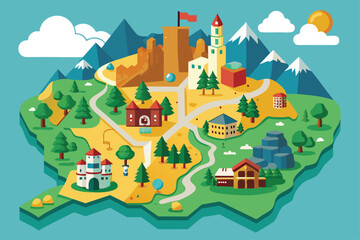 A vibrant paper map highlighting a fantasy landscape filled with whimsical buildings and nature, Paper map Customizable Disproportionate Illustration