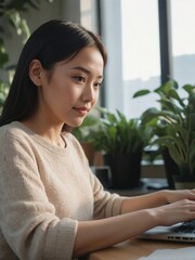 East Asian Woman Working on Laptop in Sunlit Co-Working Space with Plants, Symbolizing Growth
