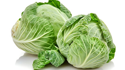 Fototapeta premium Two large green cabbage heads sit on a white background. generated using AI